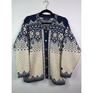 VTG Women’s Devold Fair Isle White Navy Button Pure Wool Cardigan Sweater S